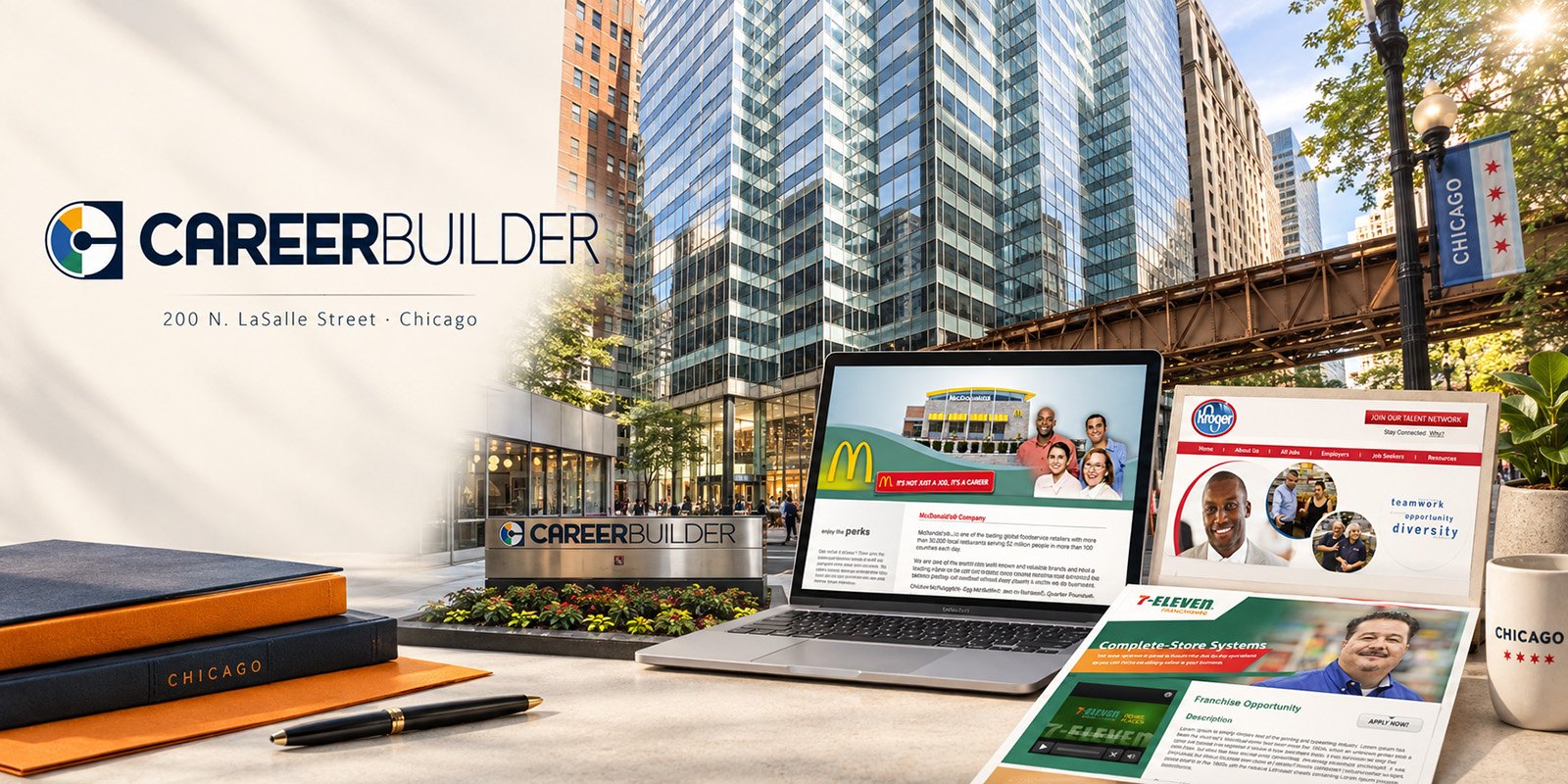 CareerBuilder logo at 200 N. LaSalle Street, Chicago, with Premium Branding employer campaign pages shown on a laptop and in print