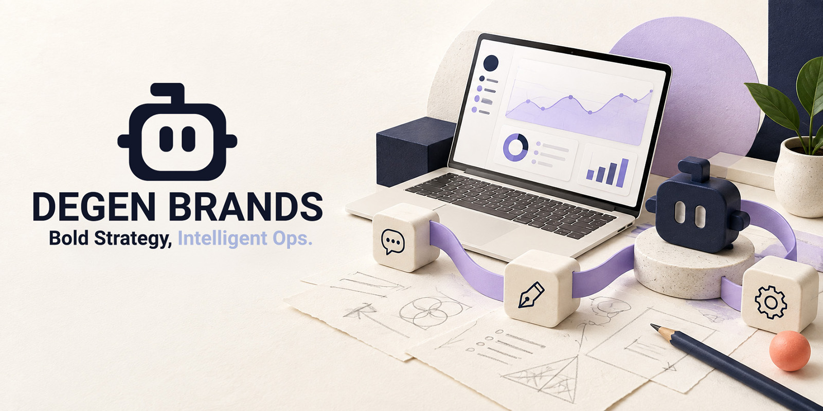 Degen Brands™ mark and tagline, Bold Strategy, Intelligent Ops, with a laptop dashboard and a workflow of chat, design, and automation blocks